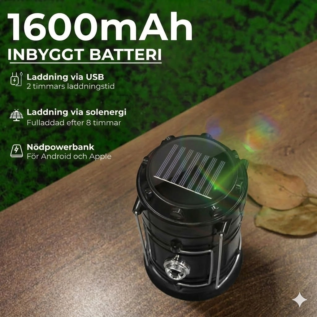 Solcellsdriven + USB-campinglykta och ficklampa