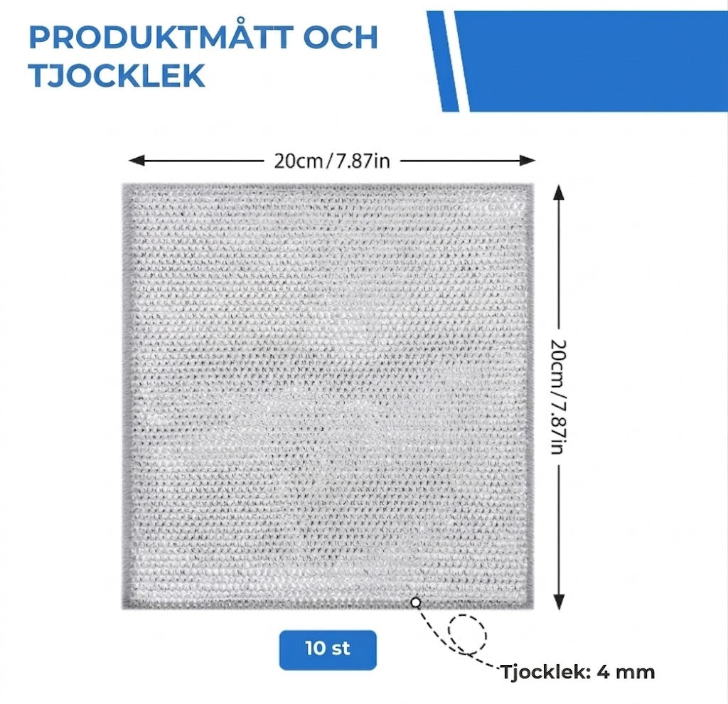 Återanvändbara disktrasor i metallnät (10-pack) – Tar effektivt bort smuts och är skonsamma mot ytor