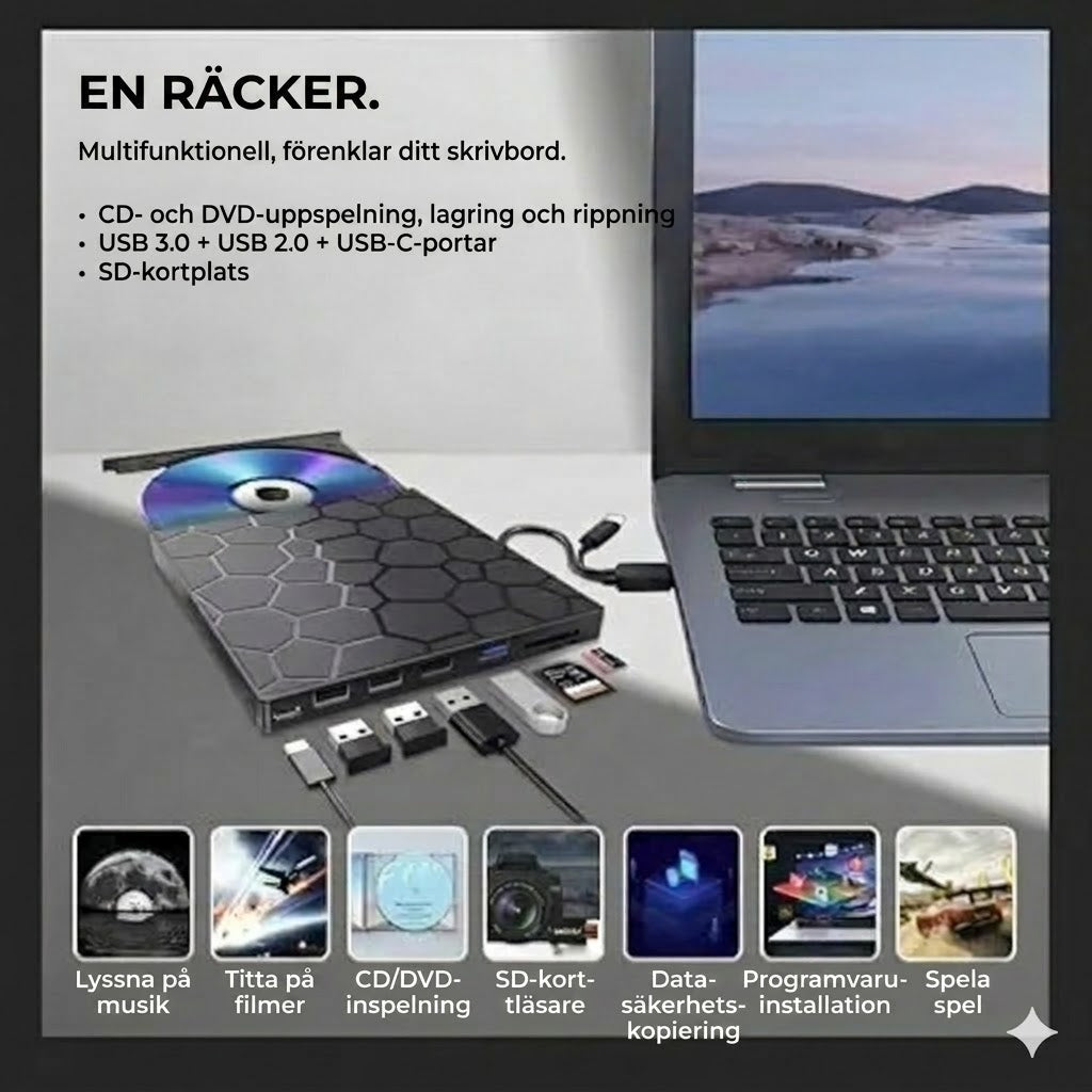 Extern CD/DVD-enhet 8-i-1 | Portabel brännare & läsare för bärbar dator