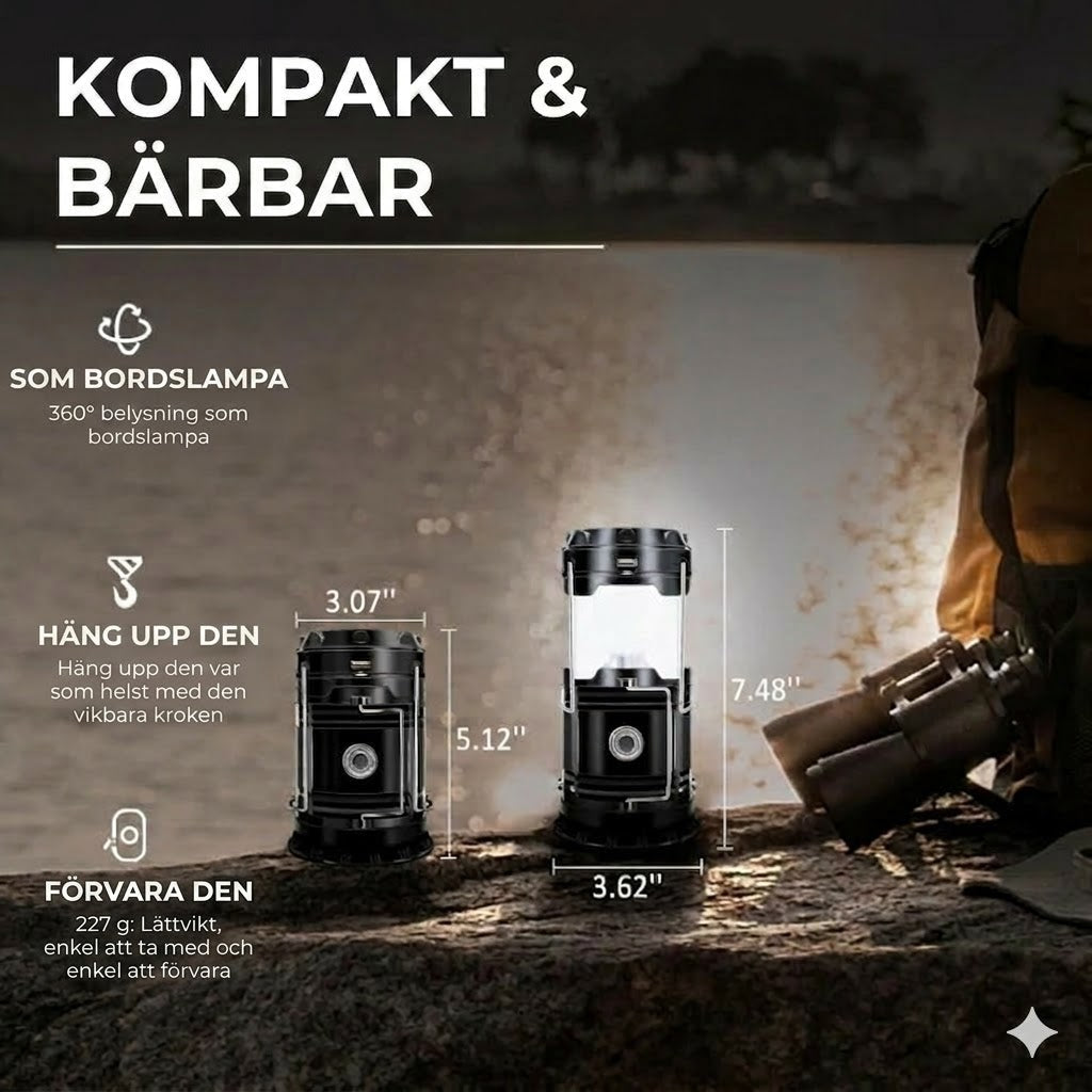 Solcellsdriven + USB-campinglykta och ficklampa
