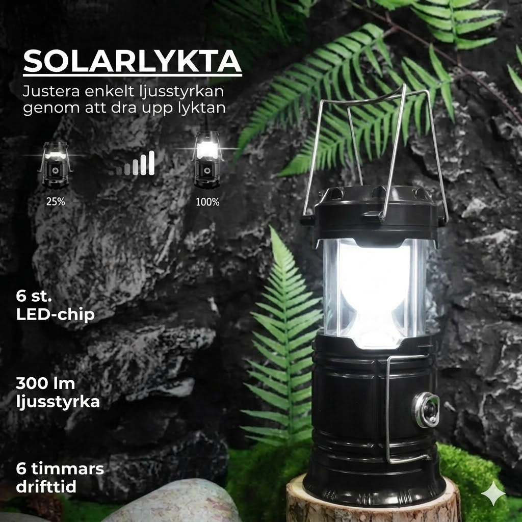Solcellsdriven + USB-campinglykta och ficklampa